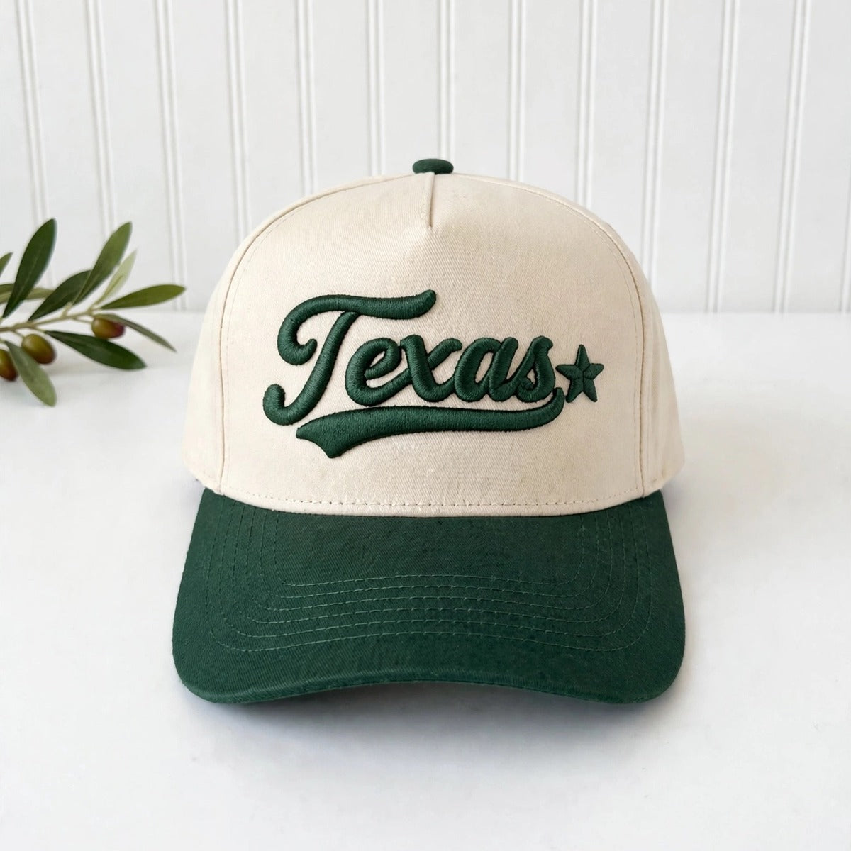 Texas 3D Star trucker hat in Natural / Forest Green Bill with raised forest green Texas script, swoosh, and star embroidery