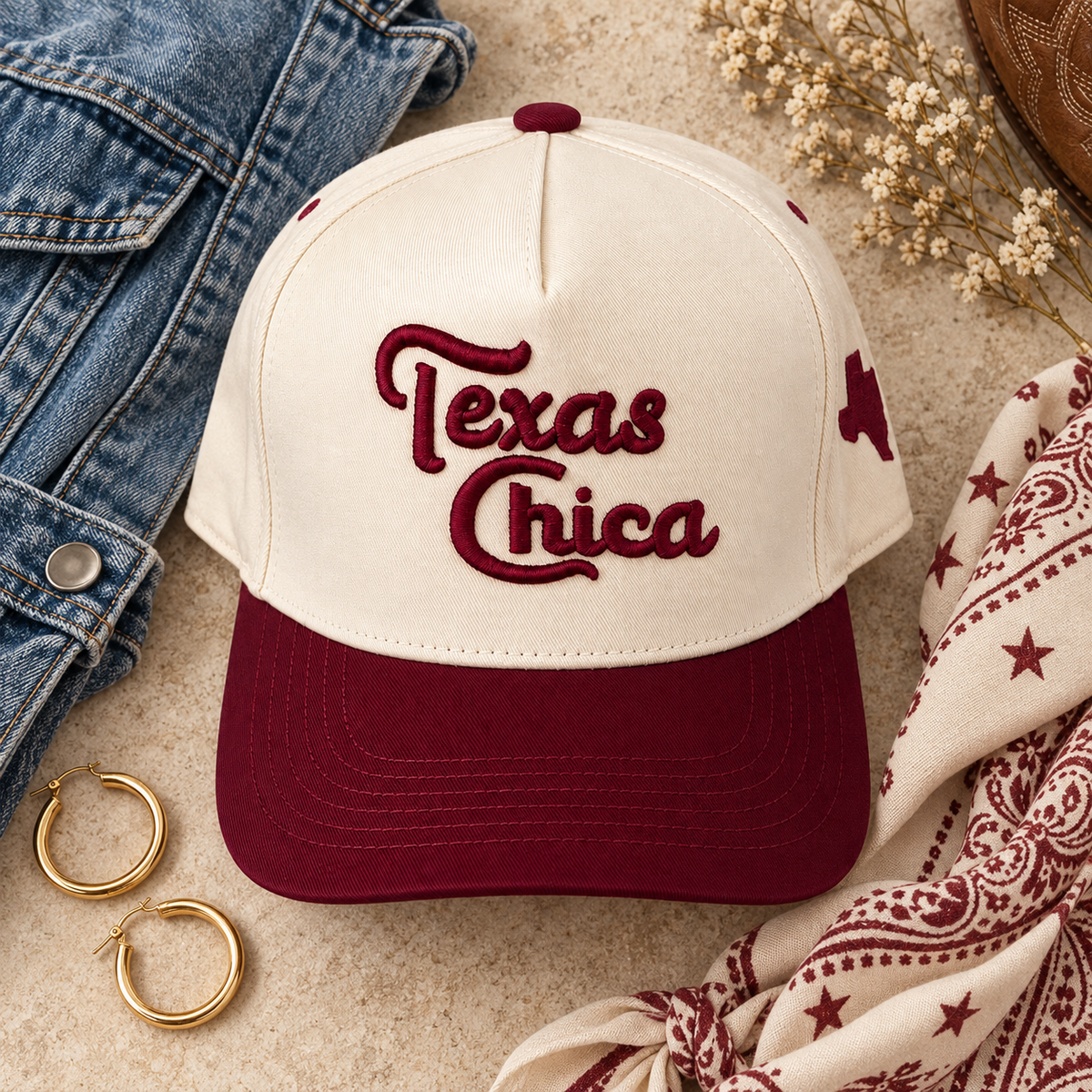 Texas Chica embroidered trucker hat styled with denim, hoops, and a Western bandana