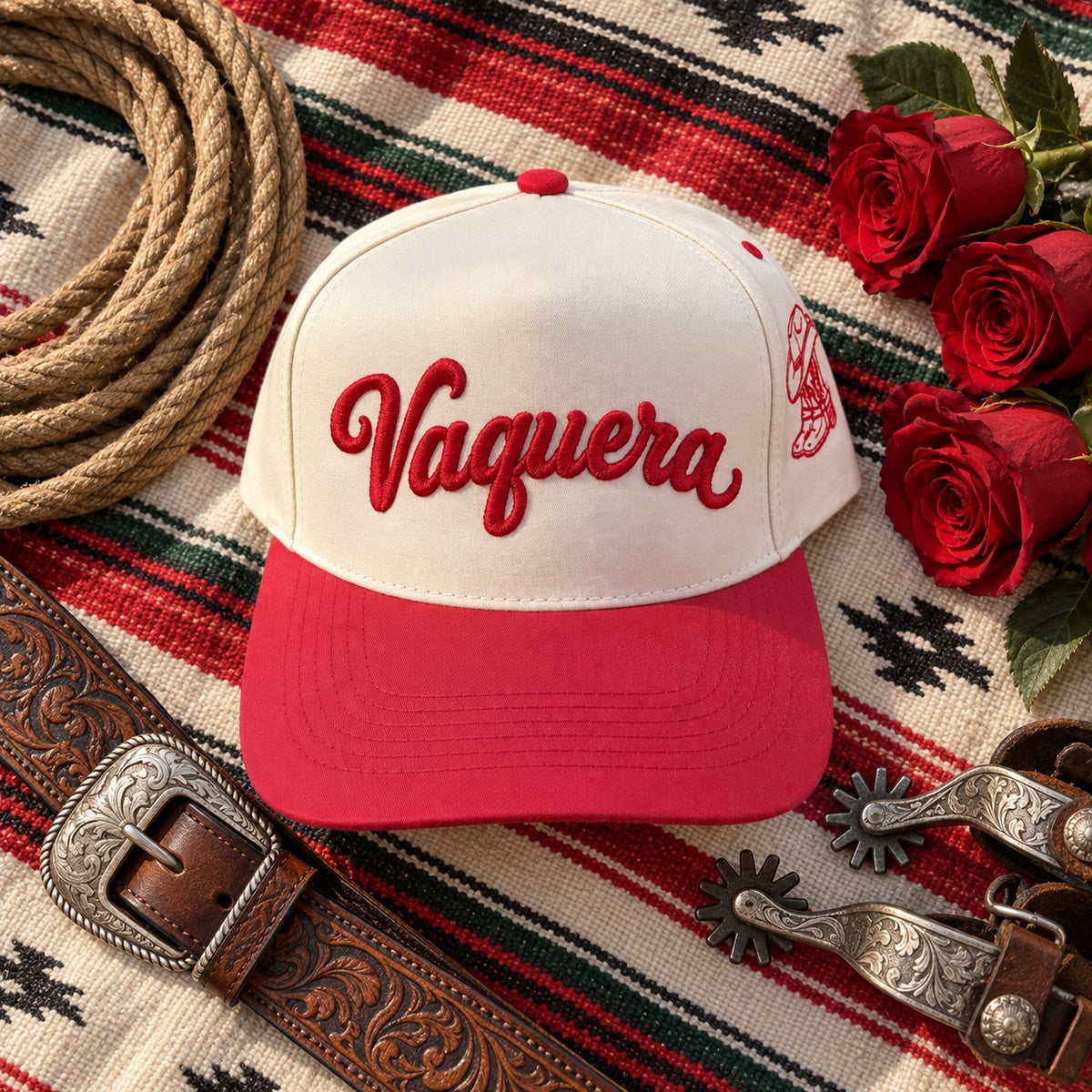 Vaquera trucker hat flat lay on a serape with a lasso, red roses, a tooled leather belt, and spurs