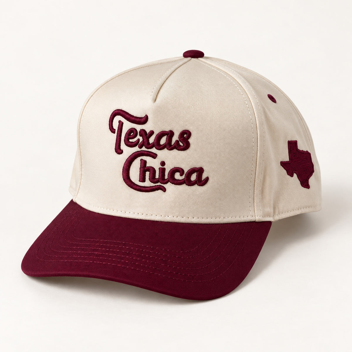 Side view of the Texas Chica trucker hat with embroidered Texas silhouette