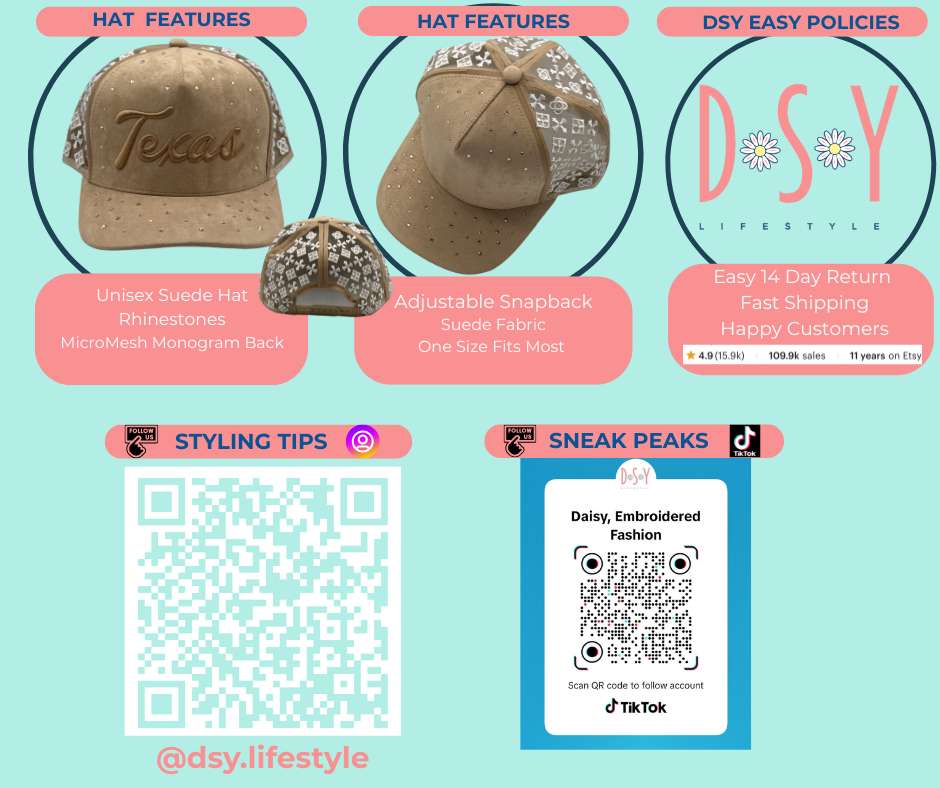 Promotional graphic for a hat with features and branding on a light blue background