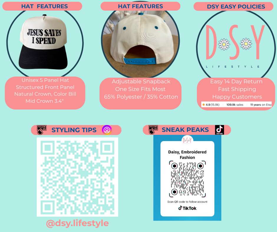 Promotional graphic for a hat with features and branding elements on a light blue background.