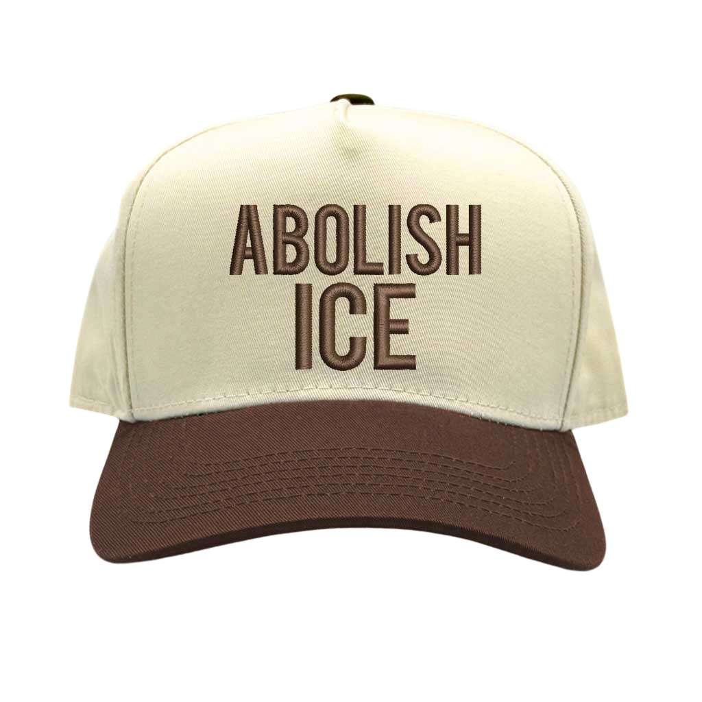 Natural Brown Abolish ICE embroidered two-tone baseball hat with snapback fit, bold activism design for streetwear and protest fashion – DSY Lifestyle