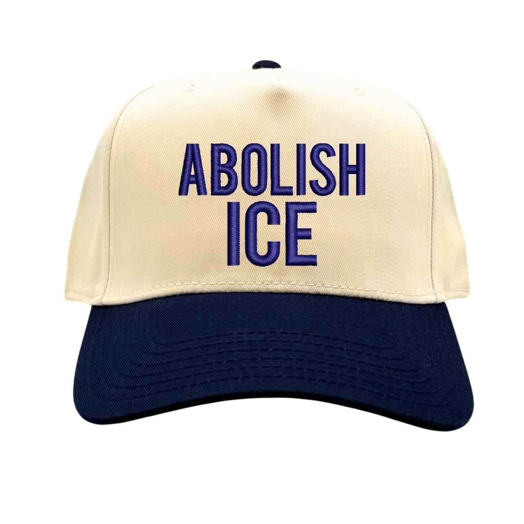Natural Navy Blue Abolish ICE embroidered two-tone baseball hat with snapback fit, bold activism design for streetwear and protest fashion – DSY Lifestyle