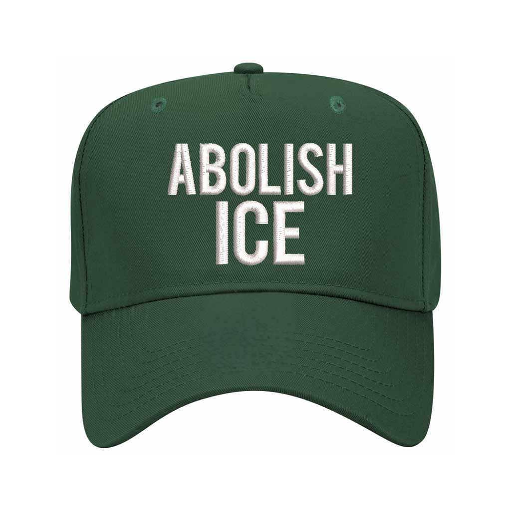 Forest Green Abolish ICE embroidered two-tone baseball hat with snapback fit, bold activism design for streetwear and protest fashion – DSY Lifestyle