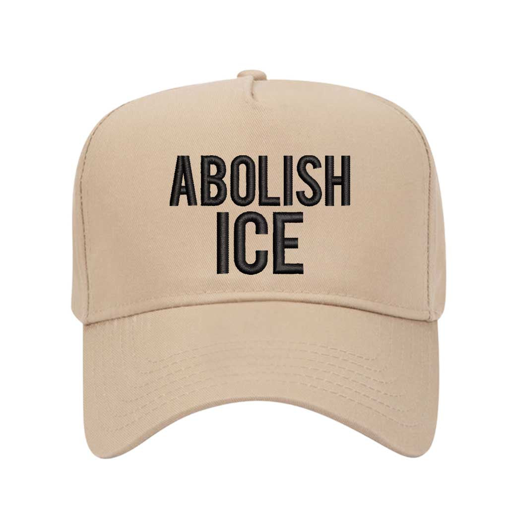 Khaki Abolish ICE embroidered two-tone baseball hat with snapback fit, bold activism design for streetwear and protest fashion – DSY Lifestyle