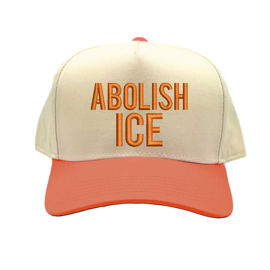 Natural Orange Abolish ICE embroidered two-tone baseball hat with snapback fit, bold activism design for streetwear and protest fashion – DSY Lifestyle