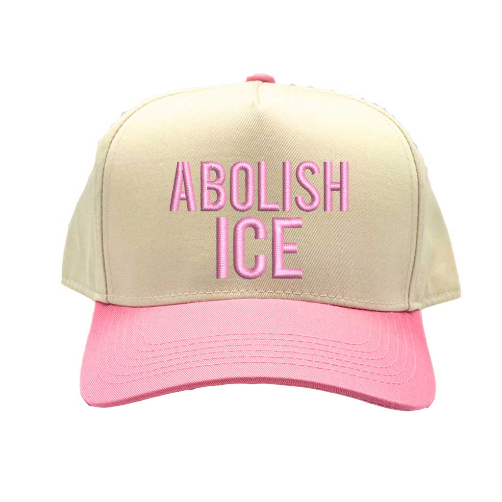 Natural Light Pink Abolish ICE embroidered two-tone baseball hat with snapback fit, bold activism design for streetwear and protest fashion – DSY Lifestyle