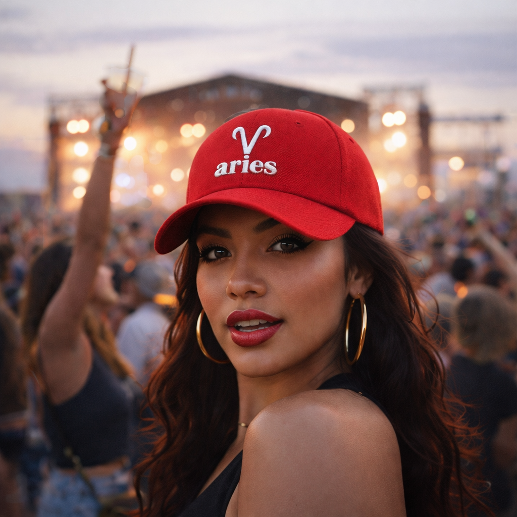 Woman wearing a embroidered red aries cap at a concert with a crowd in the background