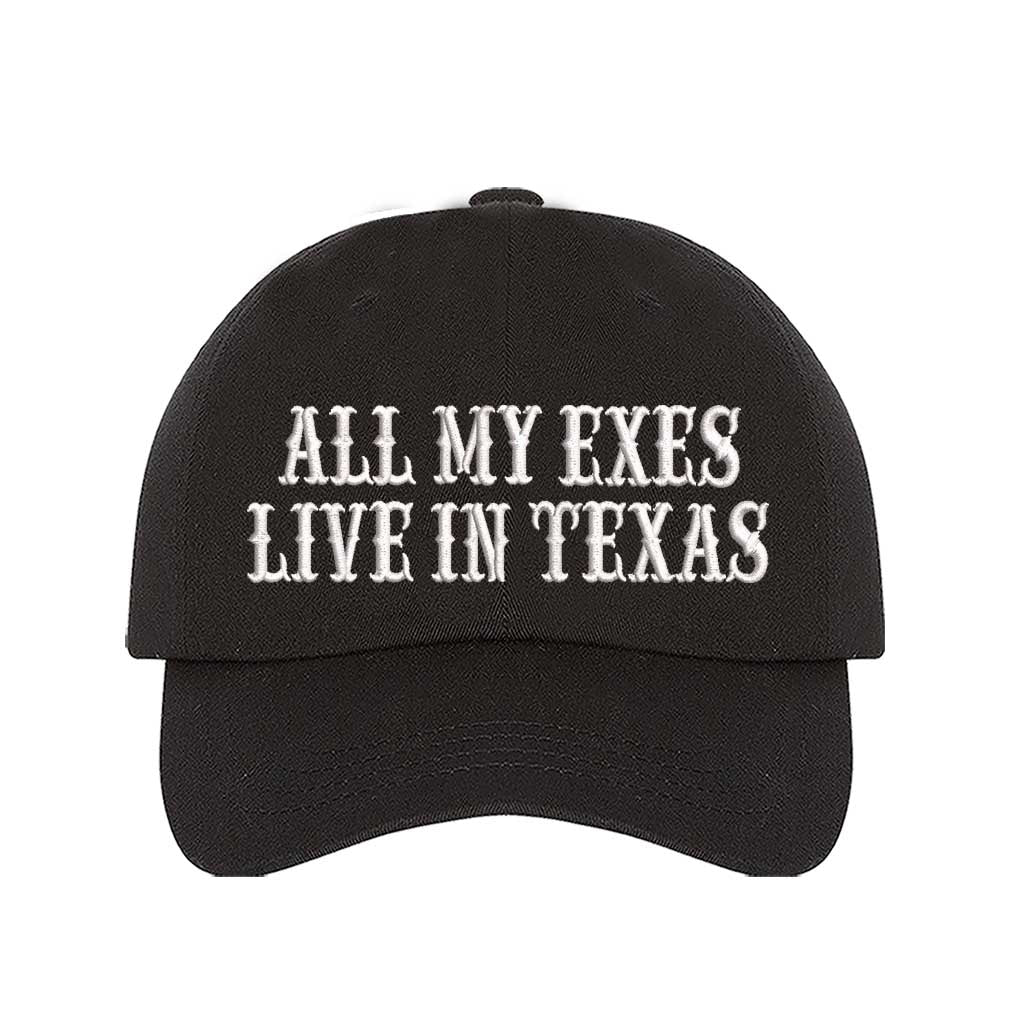 Black All My Exes Live In Texas Embroidered Baseball Hat in cotton with pre-curved brim and adjustable hook and loop closure, styled for country music fans and Western trips. DSY Lifestyle.