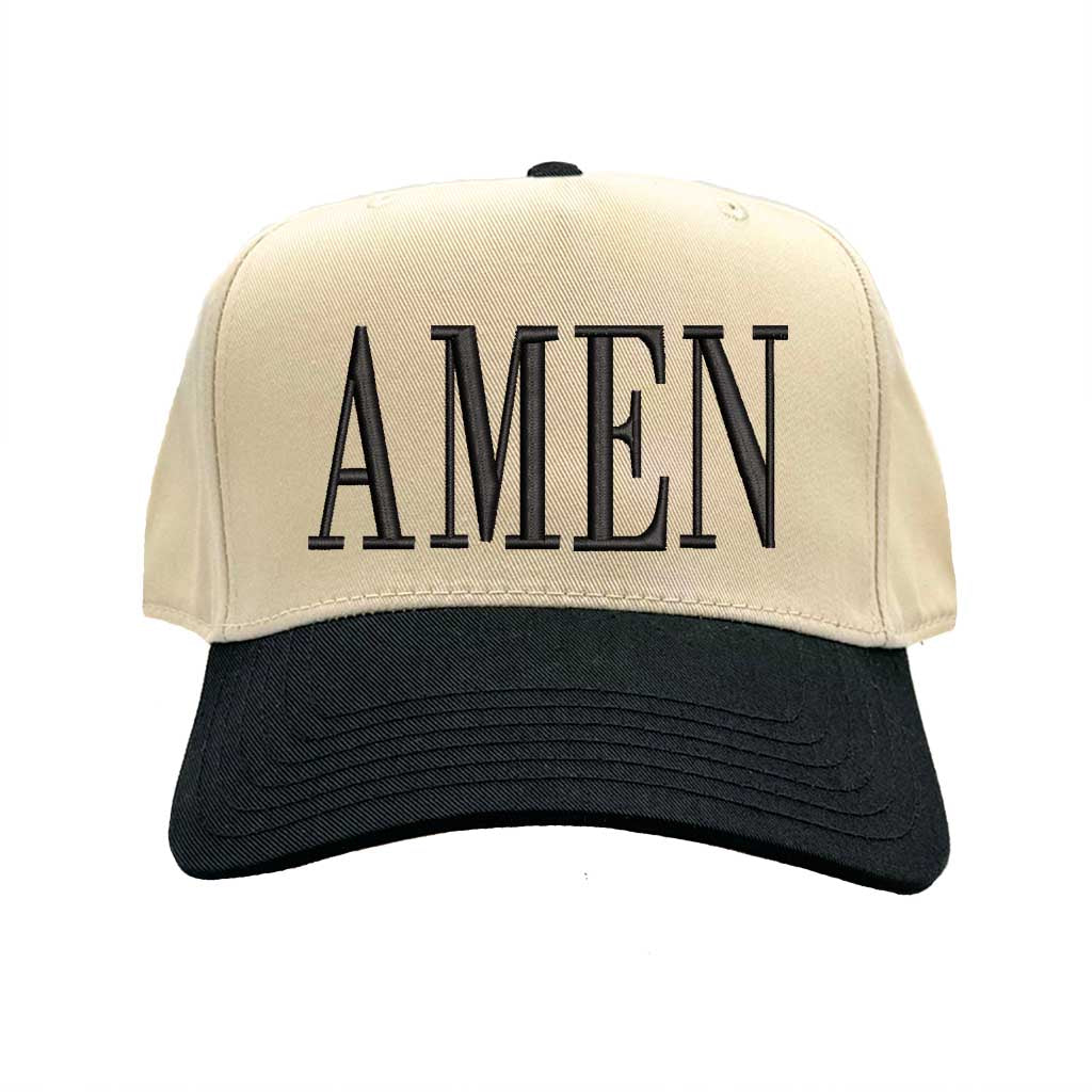 Natural Black Amen Two-Tone Embroidered Baseball Hat featuring clean white embroidery on a crisp natural crown with a contrasting visor; a modern faith statement piece by DSY Lifestyle.