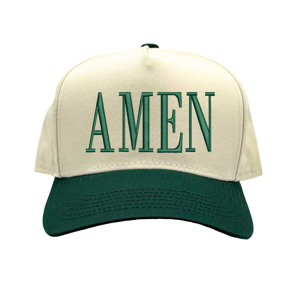 Natural Forest Green Amen Two-Tone Embroidered Baseball Hat featuring clean white embroidery on a crisp natural crown with a contrasting visor; a modern faith statement piece by DSY Lifestyle.