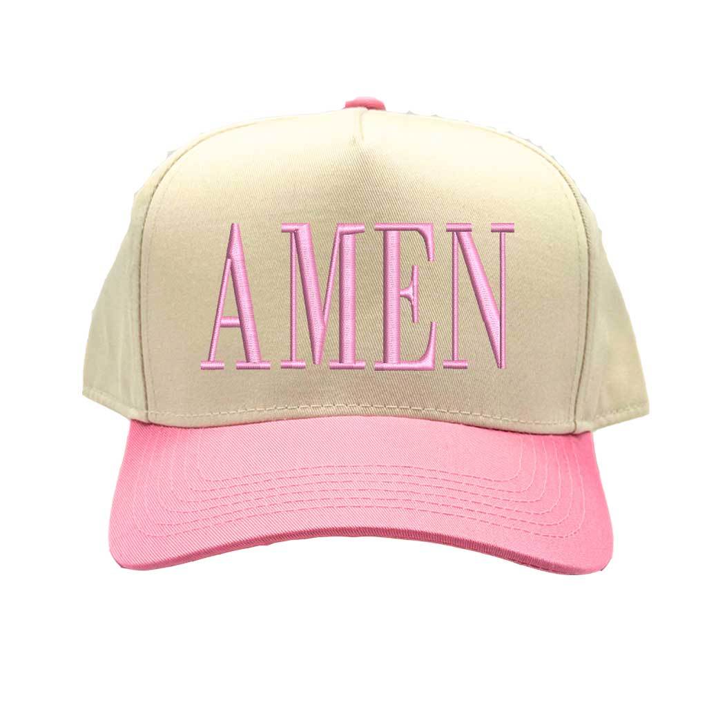 Natural Light Pink Amen Two-Tone Embroidered Baseball Hat featuring clean white embroidery on a crisp natural crown with a contrasting visor; a modern faith statement piece by DSY Lifestyle.