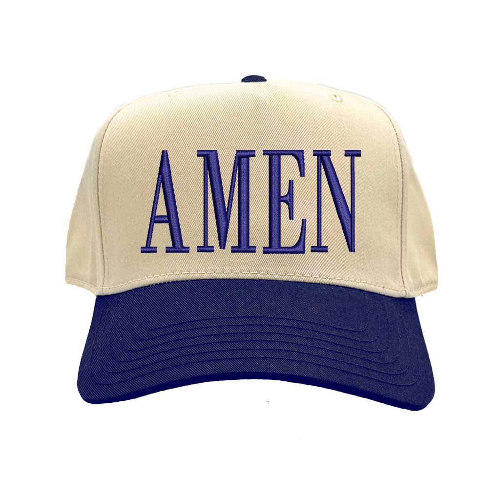 Natural Navy Blue Amen Two-Tone Embroidered Baseball Hat featuring clean white embroidery on a crisp natural crown with a contrasting visor; a modern faith statement piece by DSY Lifestyle.