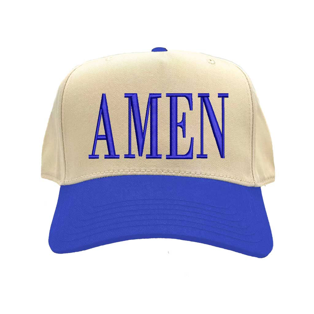 Natural Royal Blue Amen Two-Tone Embroidered Baseball Hat featuring clean white embroidery on a crisp natural crown with a contrasting visor; a modern faith statement piece by DSY Lifestyle.