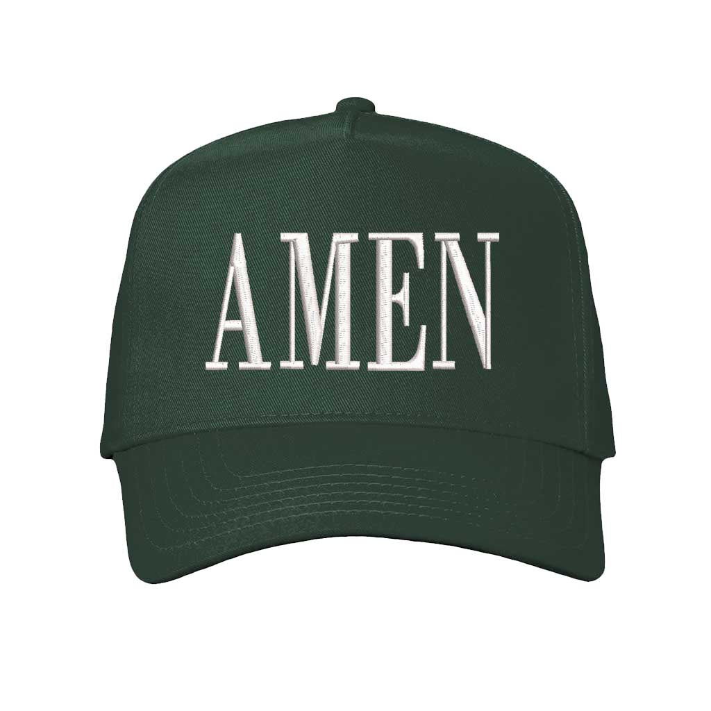 Solid Forest Green Amen 5-Panel Embroidered Baseball Hat featuring clean white embroidery on a crisp crown visor; a modern faith statement piece by DSY Lifestyle.