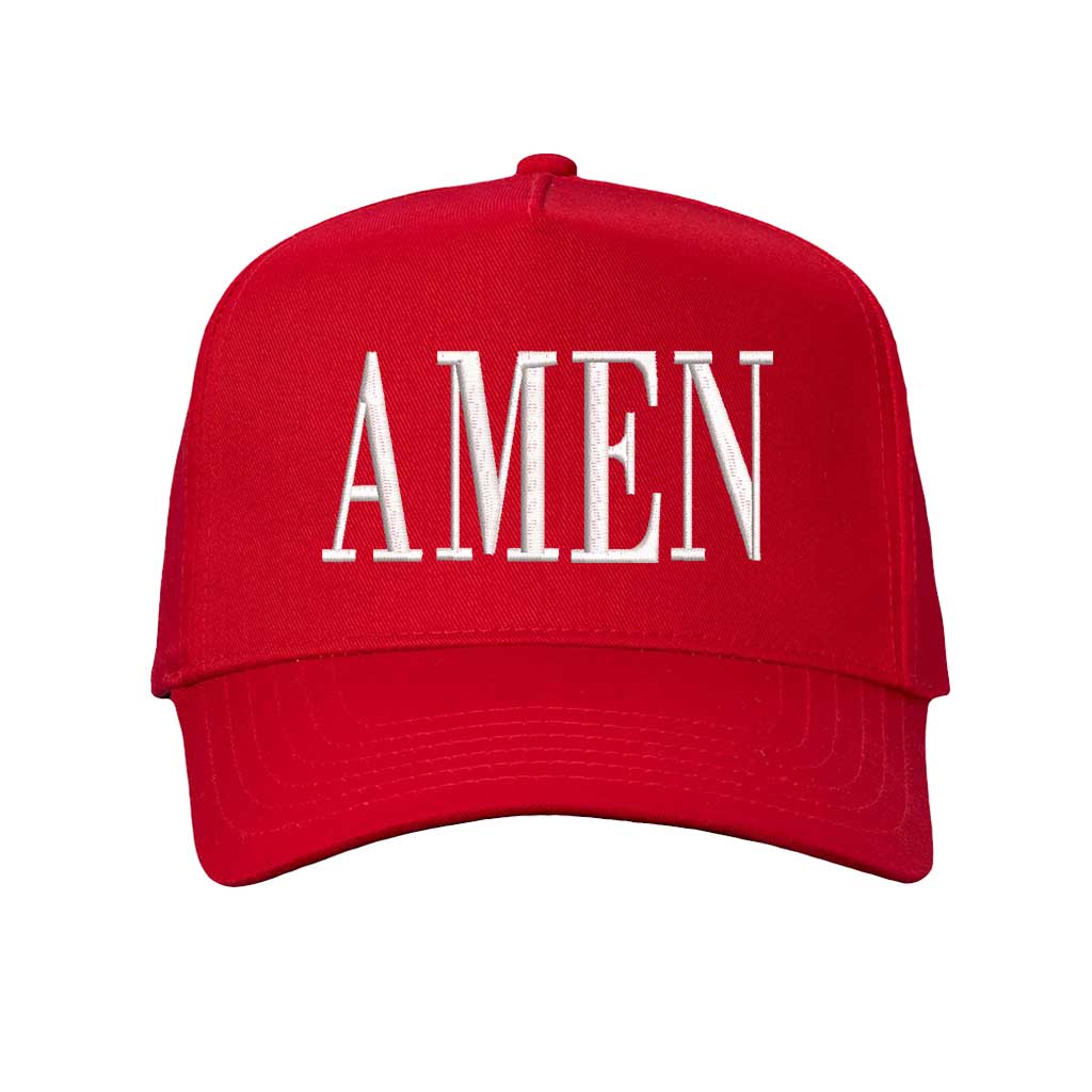 Solid Red Amen 5-Panel Embroidered Baseball Hat featuring clean white embroidery on a crisp crown visor; a modern faith statement piece by DSY Lifestyle.