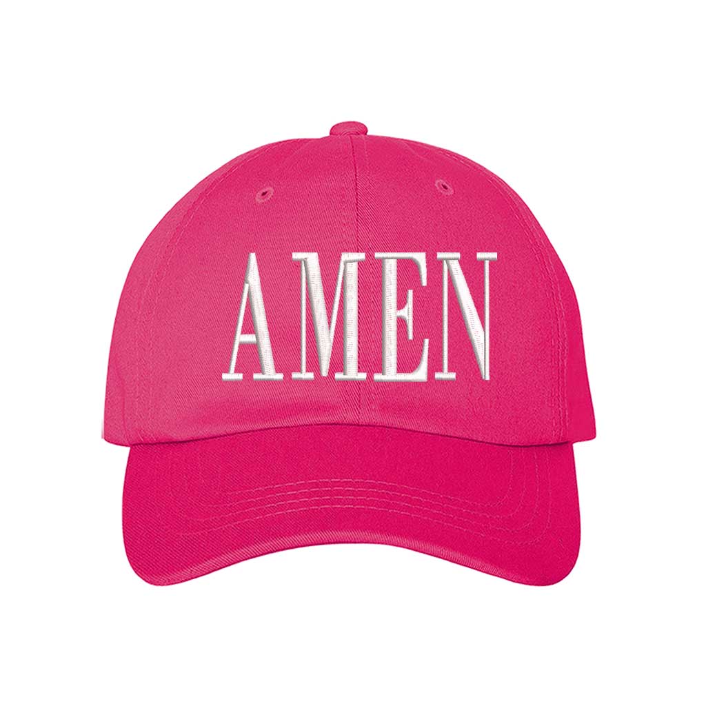 Hot Pink Amen Embroidered Baseball Hat featuring clean white embroidery on a premium dad cap; a minimalist faith statement by DSY Lifestyle.