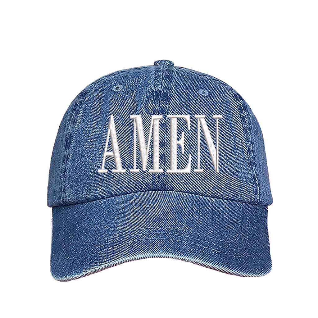 Light Denim Amen Embroidered Baseball Hat featuring clean white embroidery on a premium dad cap; a minimalist faith statement by DSY Lifestyle.