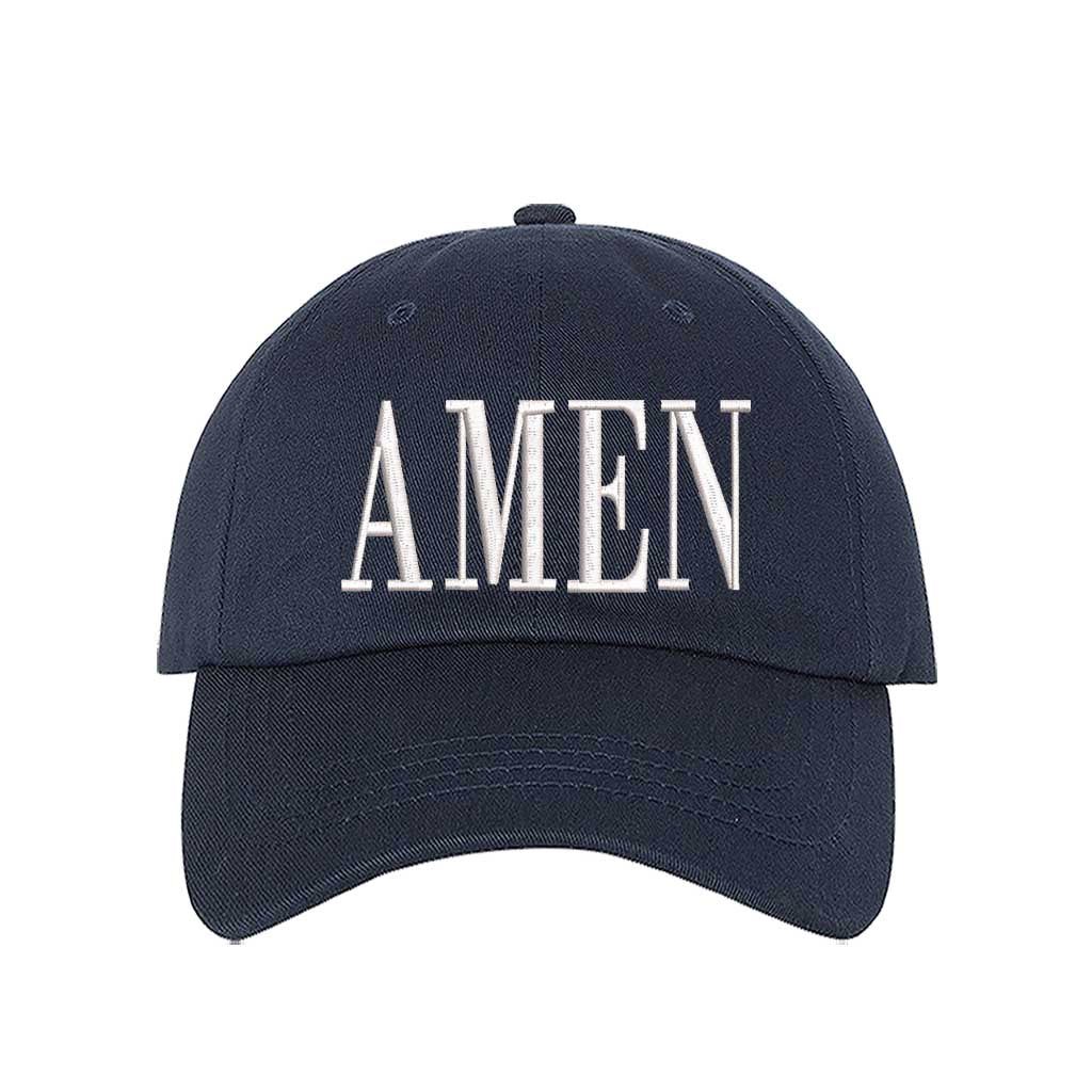 Navy Blue Amen Embroidered Baseball Hat featuring clean white embroidery on a premium dad cap; a minimalist faith statement by DSY Lifestyle.