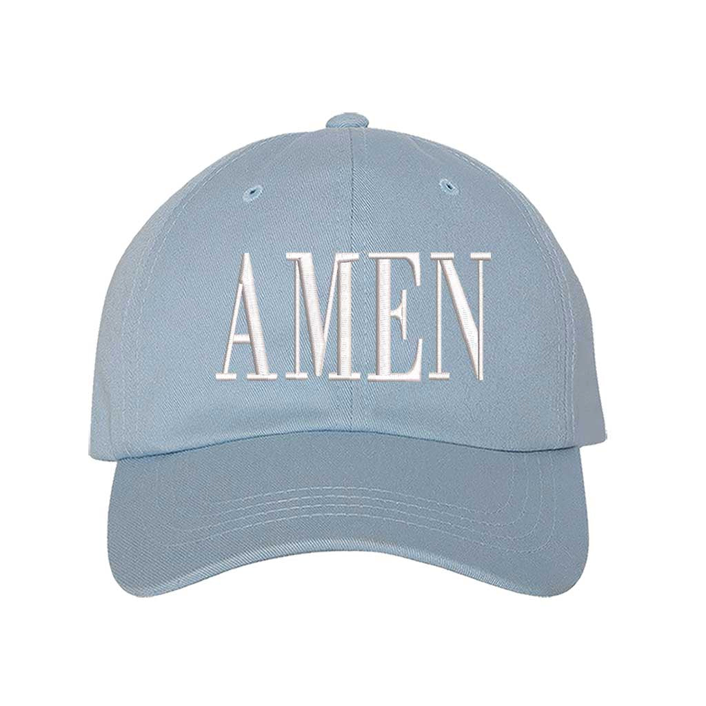 Sky Blue Amen Embroidered Baseball Hat featuring clean white embroidery on a premium dad cap; a minimalist faith statement by DSY Lifestyle.