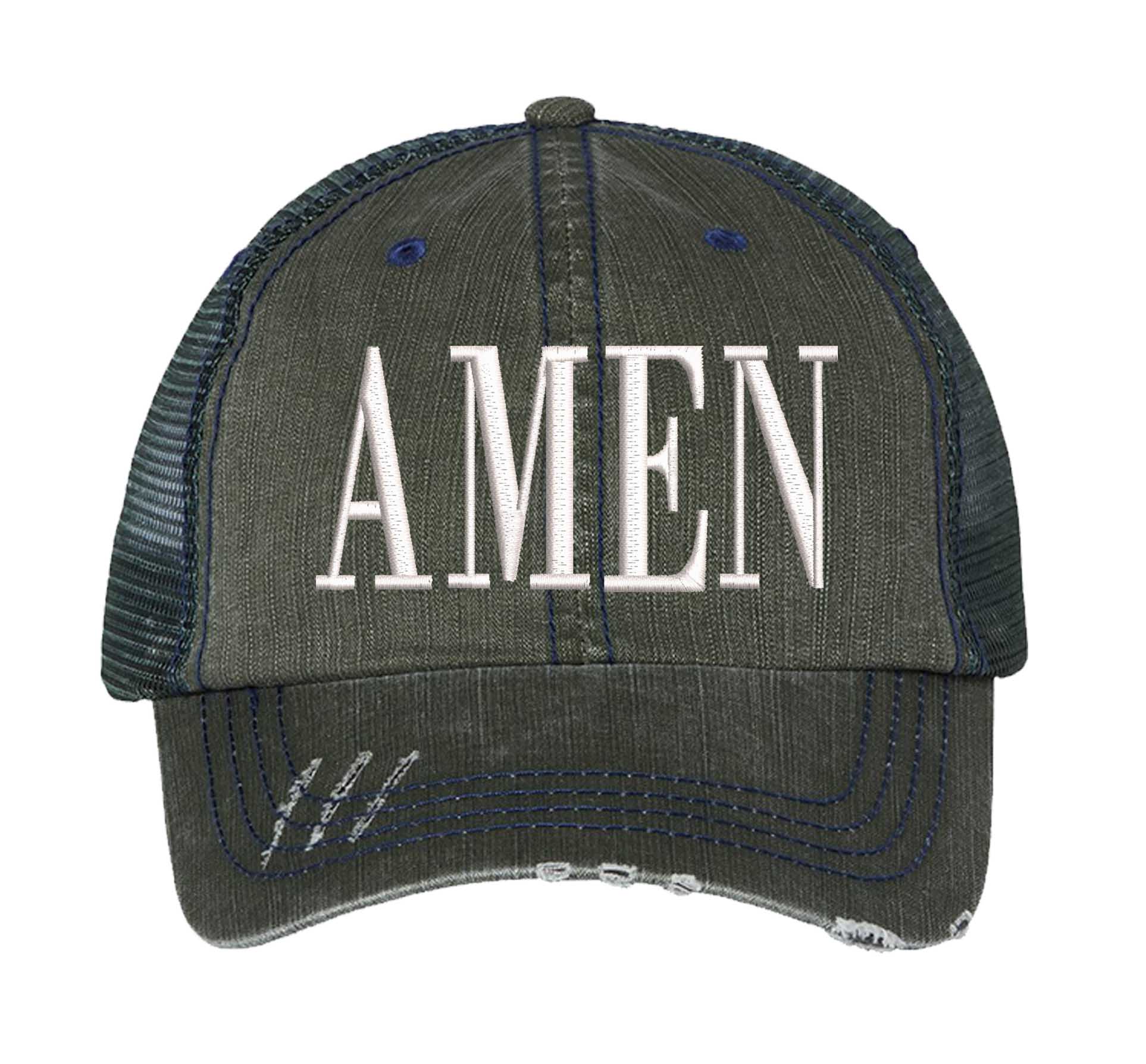 Dark Green Amen Distressed Trucker Hat. This premium vintage-style cap is the perfect gift for the unapologetically bold, featuring a breathable mesh back and custom embroidery. - DSY Lifestyle
