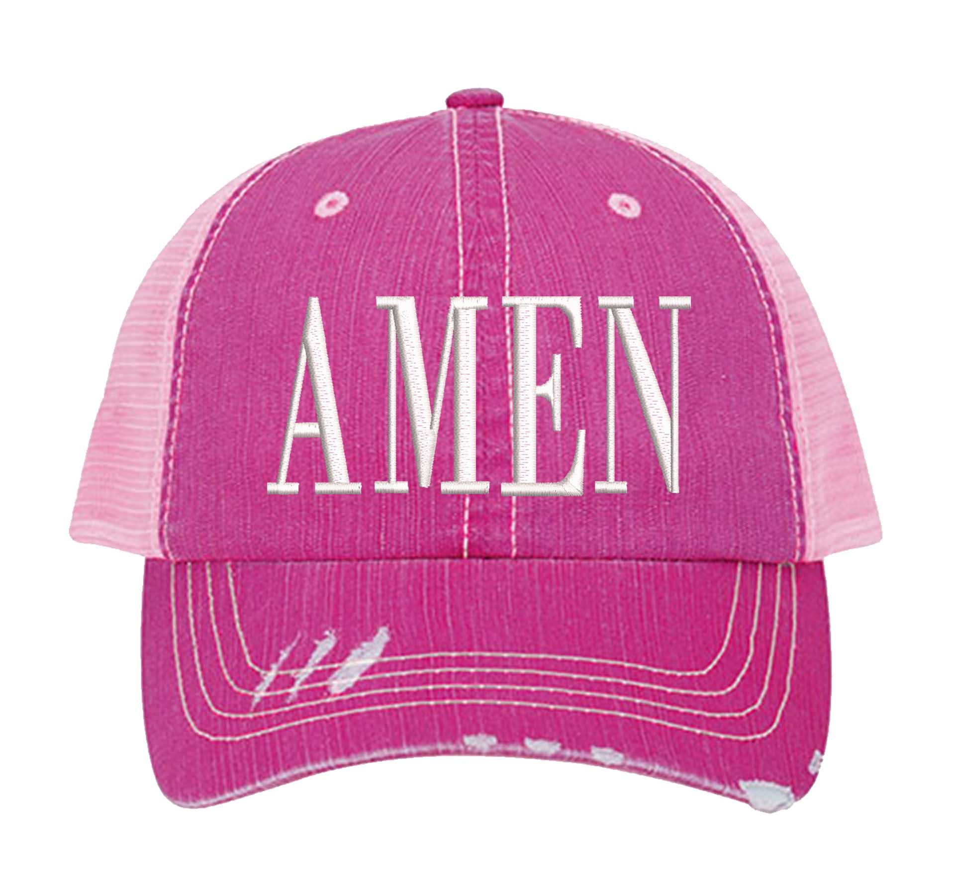 Hot Pink Amen Distressed Trucker Hat. This premium vintage-style cap is the perfect gift for the unapologetically bold, featuring a breathable mesh back and custom embroidery. - DSY Lifestyle