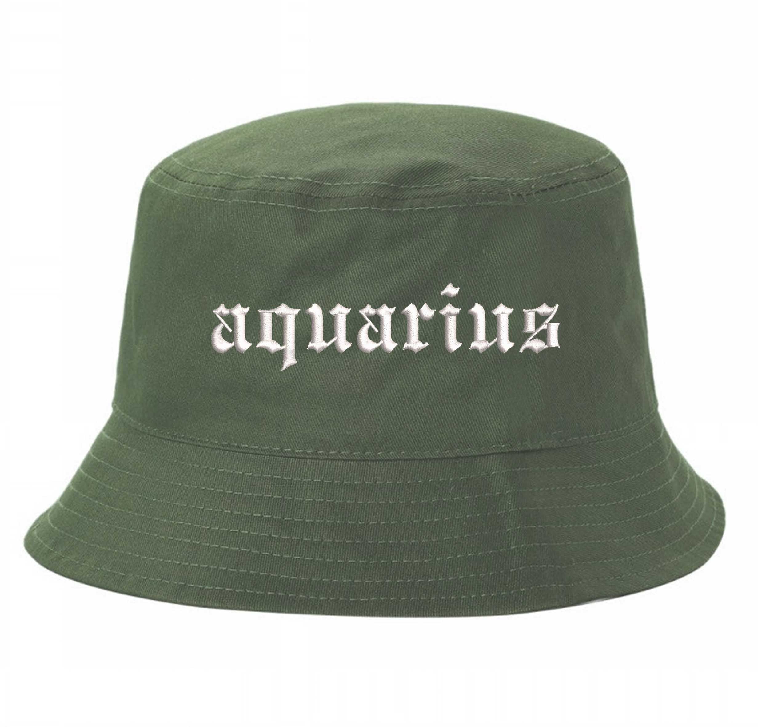 Olive Green Aquarius Bucket Hat, a zodiac statement hat designed for bold individuality and expressive everyday style. DSY Lifestyle.