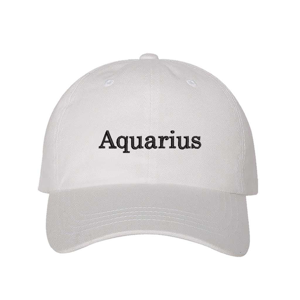 White Aquarius embroidered baseball hat featuring classic curved brim design, premium stitching, and hook-and-loop adjustable closure – DSY Lifestyle
