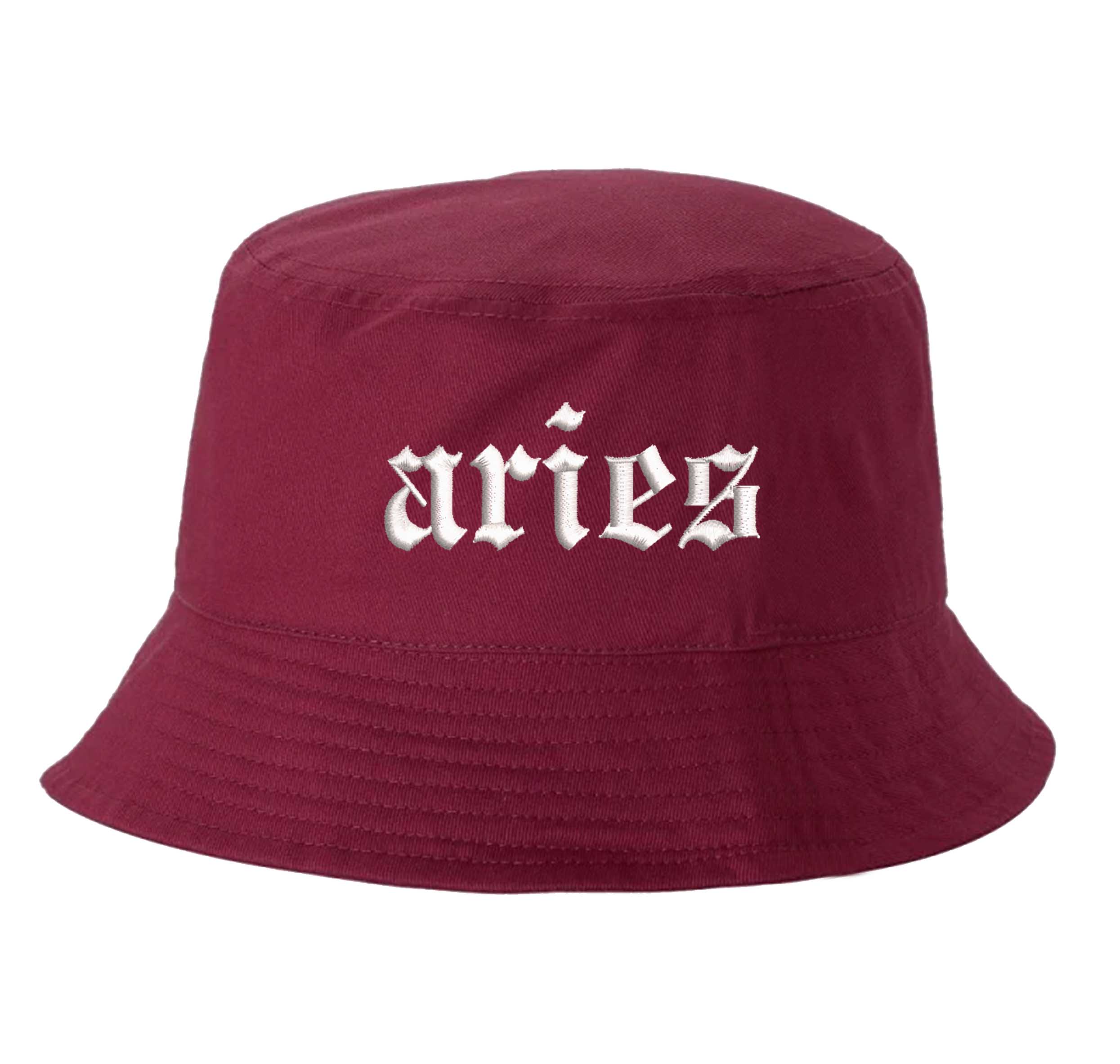 Burgundy Aries Zodiac Embroidered Bucket Hat featuring sharp white embroidery on a premium cotton crown with a structured brim; a sophisticated astrological statement piece by DSY Lifestyle.