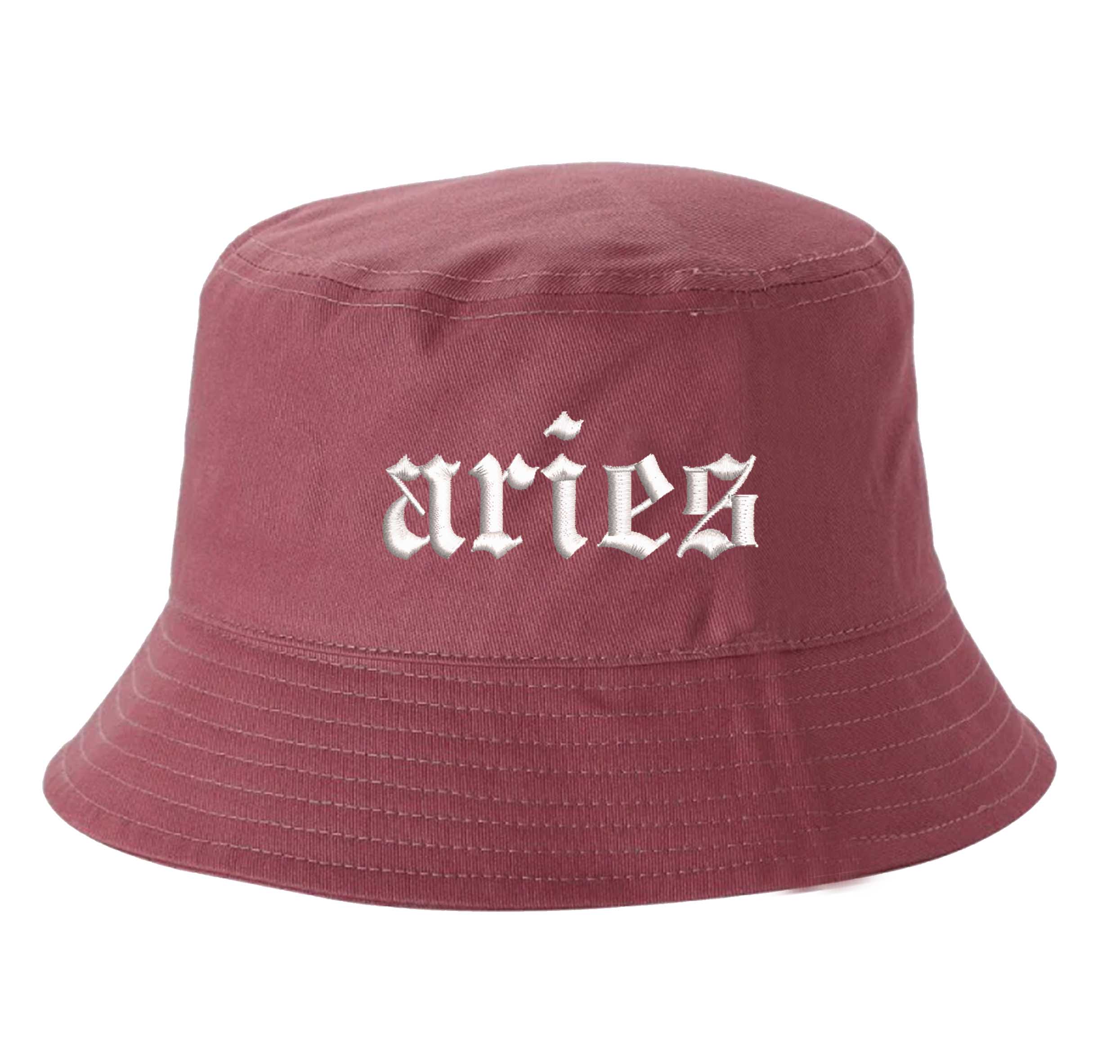 Mauve Aries Zodiac Embroidered Bucket Hat featuring sharp white embroidery on a premium cotton crown with a structured brim; a sophisticated astrological statement piece by DSY Lifestyle.