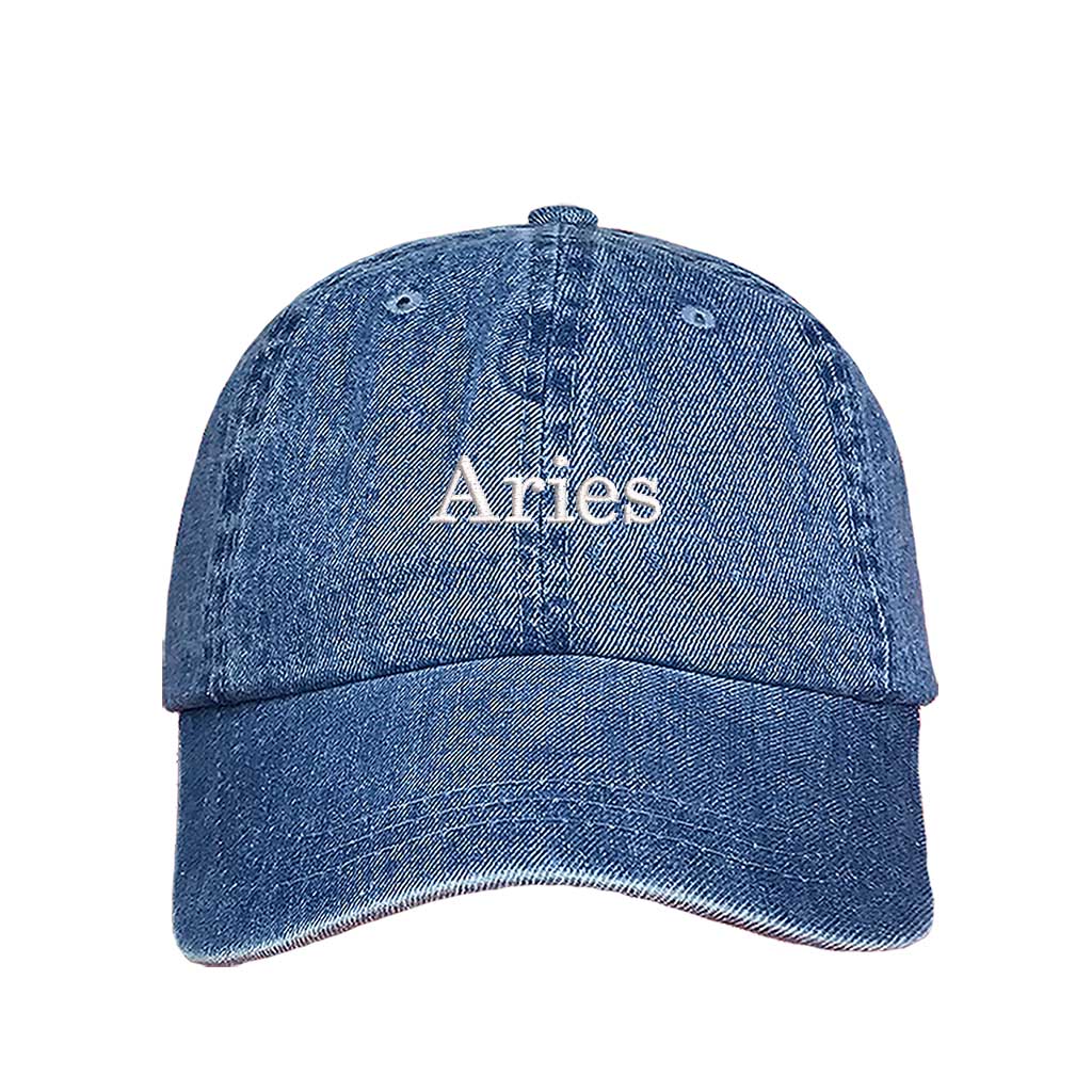 Light Denim Aries Zodiac Embroidered Baseball Hat featuring sharp white embroidery on a premium cotton crown; a sophisticated astrological statement piece by DSY Lifestyle.