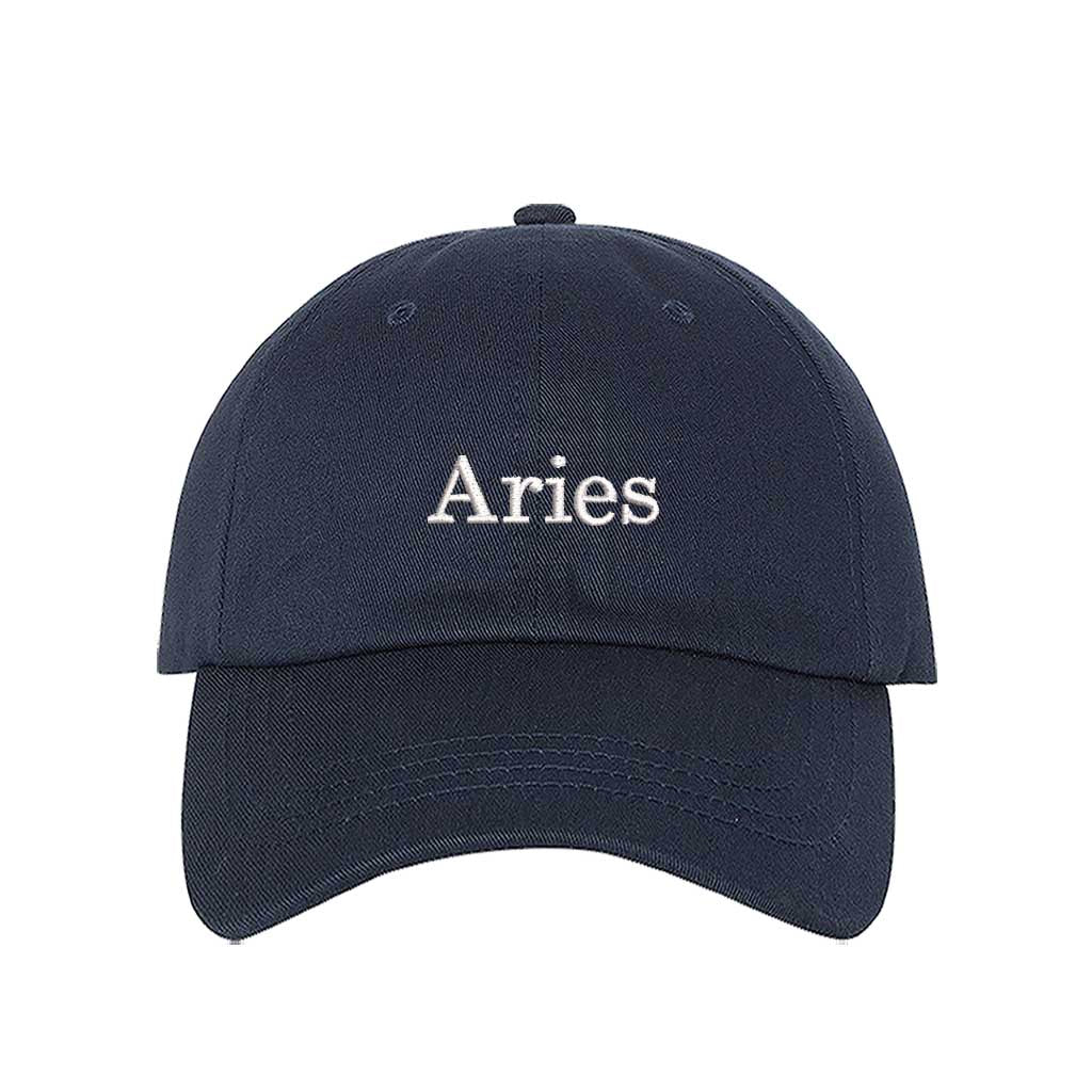 Navy Blue Aries Zodiac Embroidered Baseball Hat featuring sharp white embroidery on a premium cotton crown; a sophisticated astrological statement piece by DSY Lifestyle.