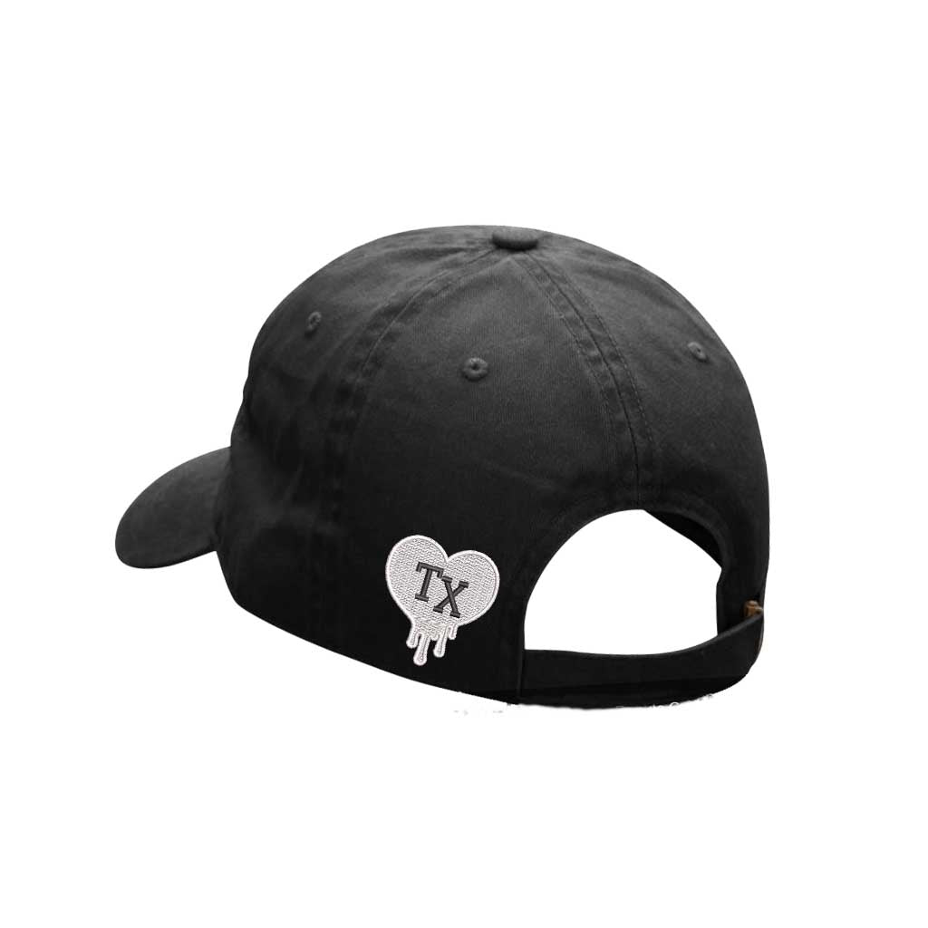 Black back of baseball hat showing Texas bleeding heart and adjustable brass buckle - DSY Lifestyle