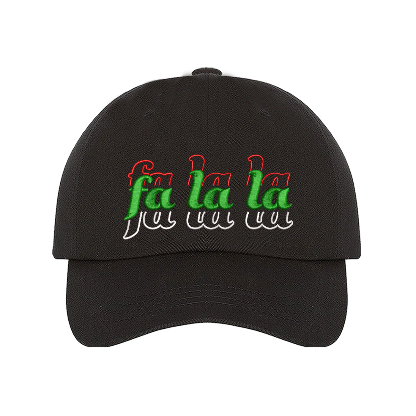 Black Fa La La Christmas Stacked Embroidered Baseball Hat with festive embroidery and adjustable fit, perfect for holiday style and Christmas cheer – DSY Lifestyle.