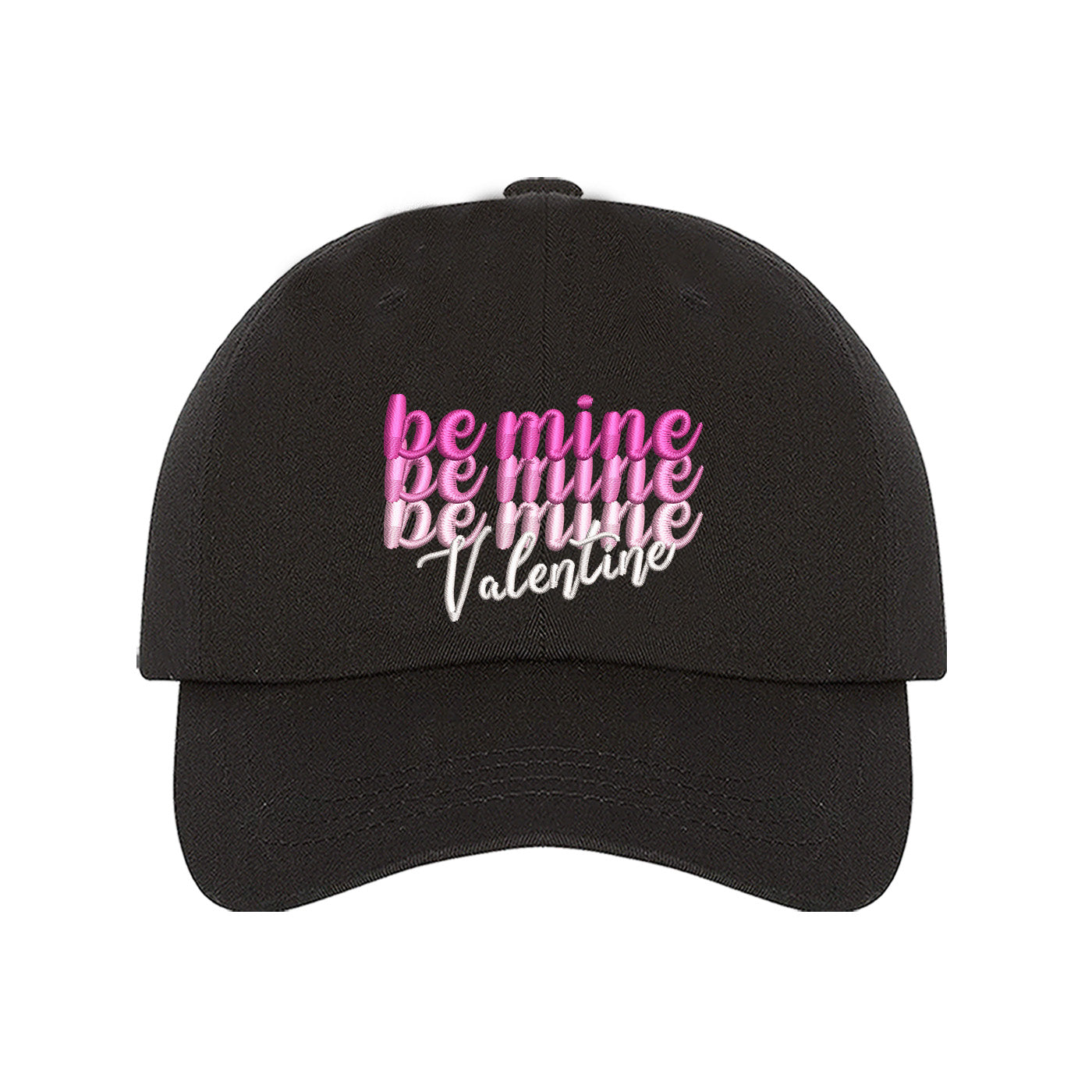 Black Be Mine Valentines Baseball Hat with "Be Mine" stacked embroidered on a classic dad cap, a romantic and giftable accessory from the DSY Lifestyle Valentines Day Collection.