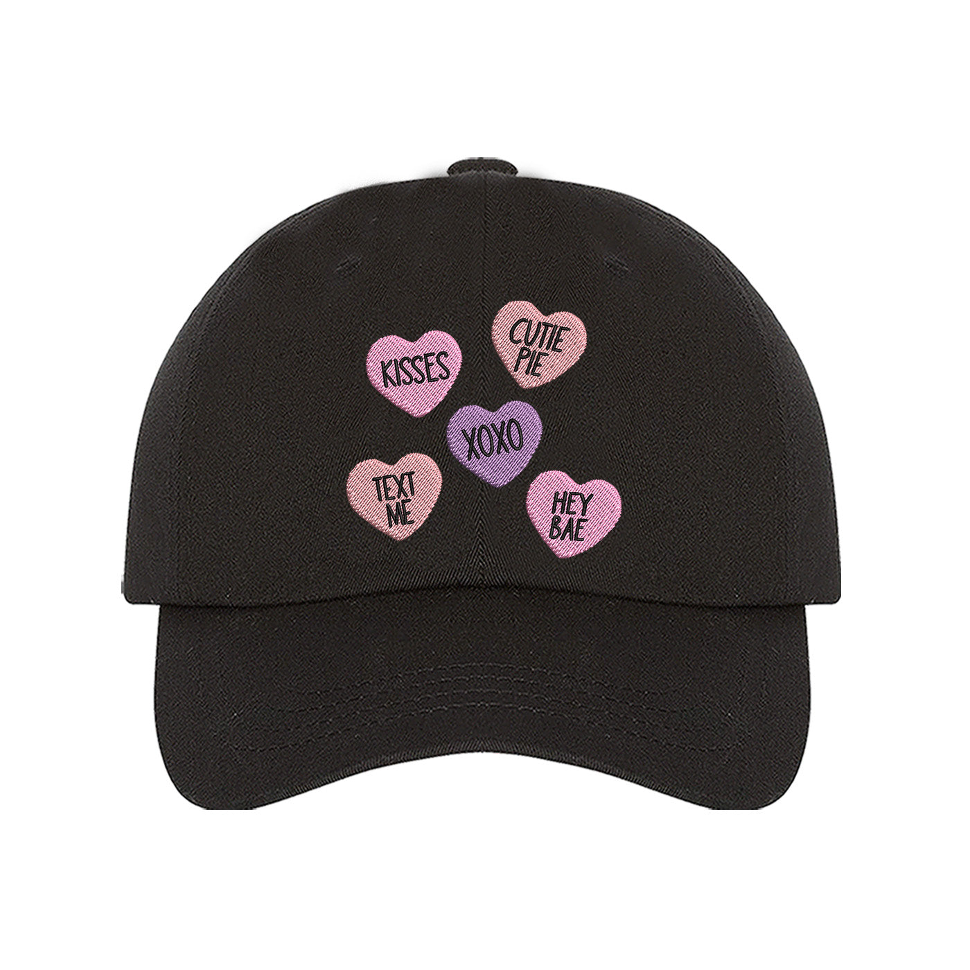 Black Conversation Hearts Baseball Hat featuring colorful, nostalgic candy heart embroidery on a classic dad hat; part of the DSY Lifestyle Valentine&