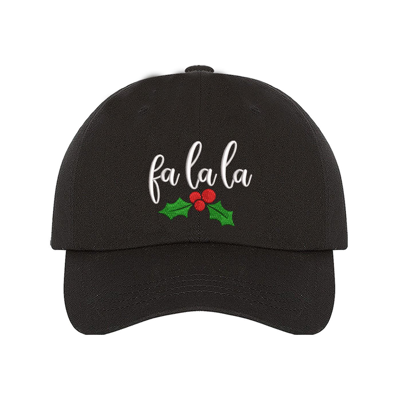 Black Fa La La Christmas Mistletoe Embroidered Baseball Hat featuring festive holiday embroidery with mistletoe design and adjustable hook and loop fit. – DSY Lifestyle