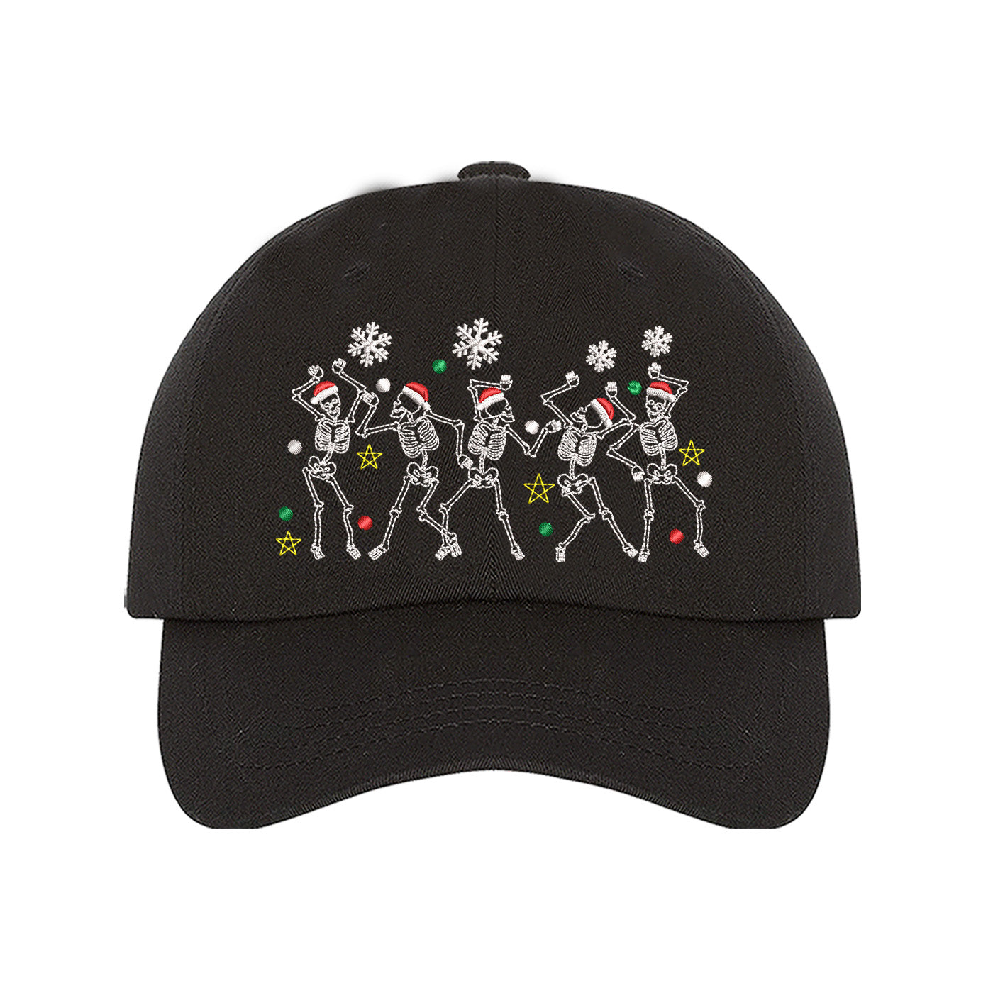 Black Dancing Skeletons Christmas Embroidered Baseball Hat featuring festive dancing skeleton embroidery and adjustable hook and loop closure – DSY Lifestyle.