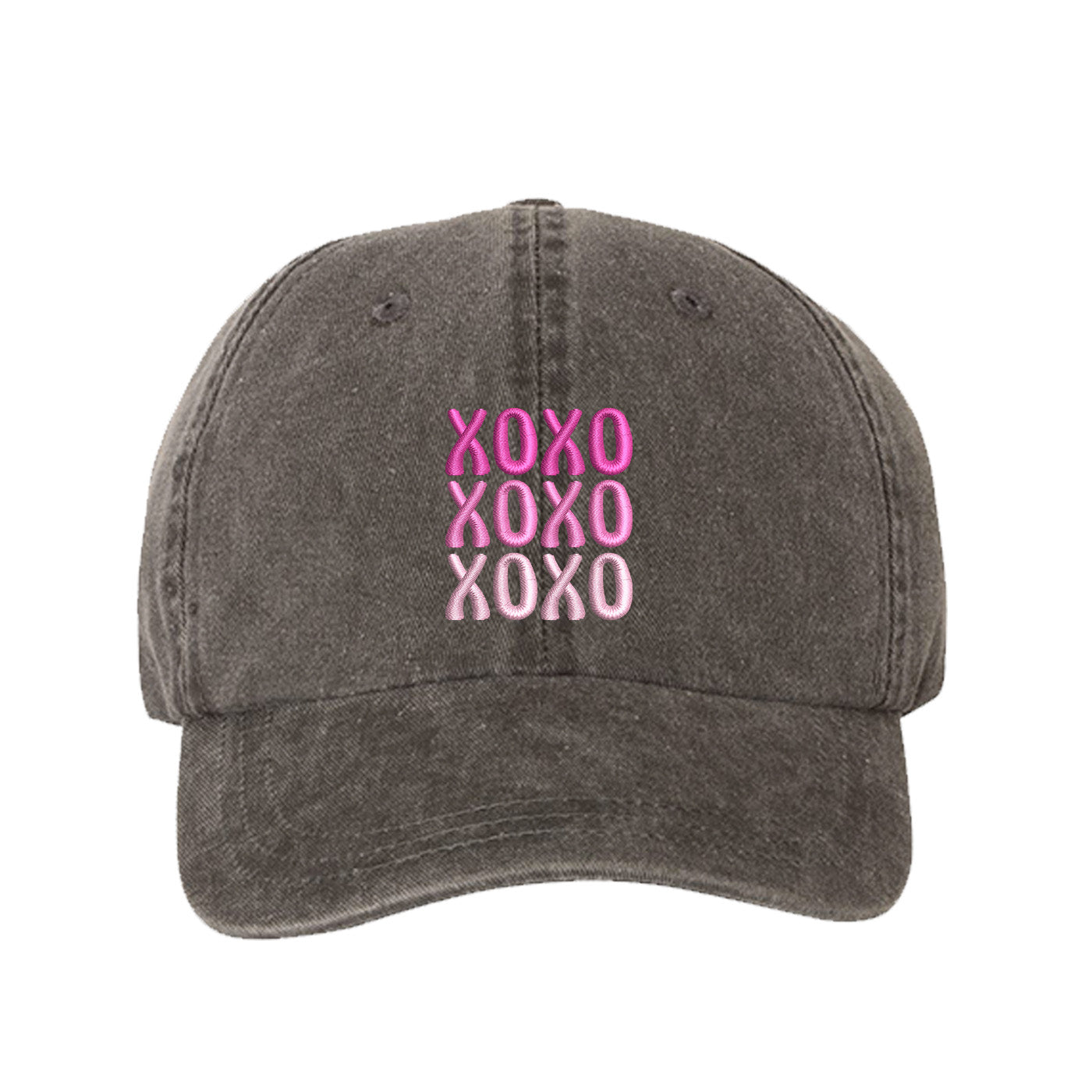 Black XOXO Washed Baseball Hat featuring white "XOXO" embroidery on a vintage-washed charcoal dad cap by DSY Lifestyle.