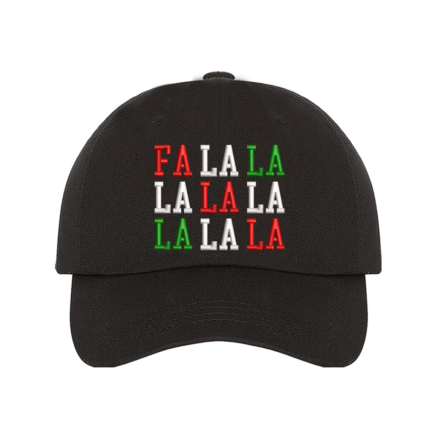 Black Fa La La Christmas Block Embroidered Baseball Hat featuring festive block embroidery, breathable cotton, and adjustable fit for a merry holiday look. – DSY Lifestyle