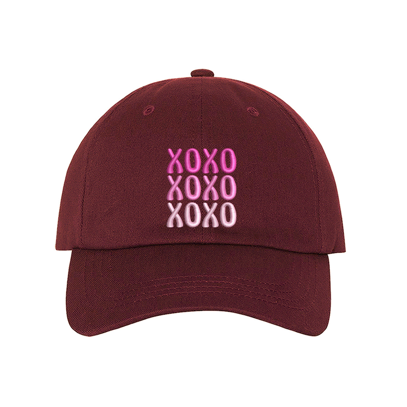 Burgundy XOXO Baseball Hat, a trendy and sweet embroidered accessory featuring a classic "XOXO" design for Valentine&