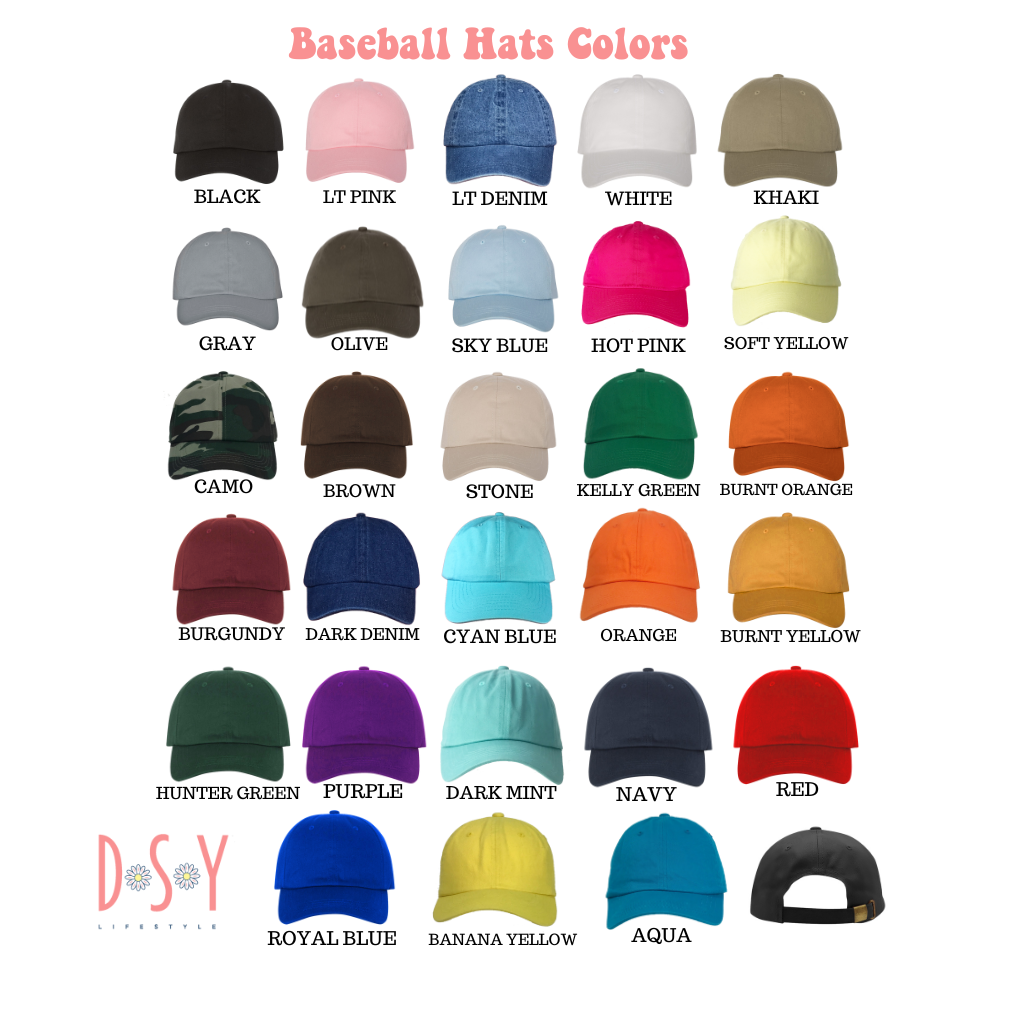 Collection of baseball hats in various colors with corresponding labels on a white background.