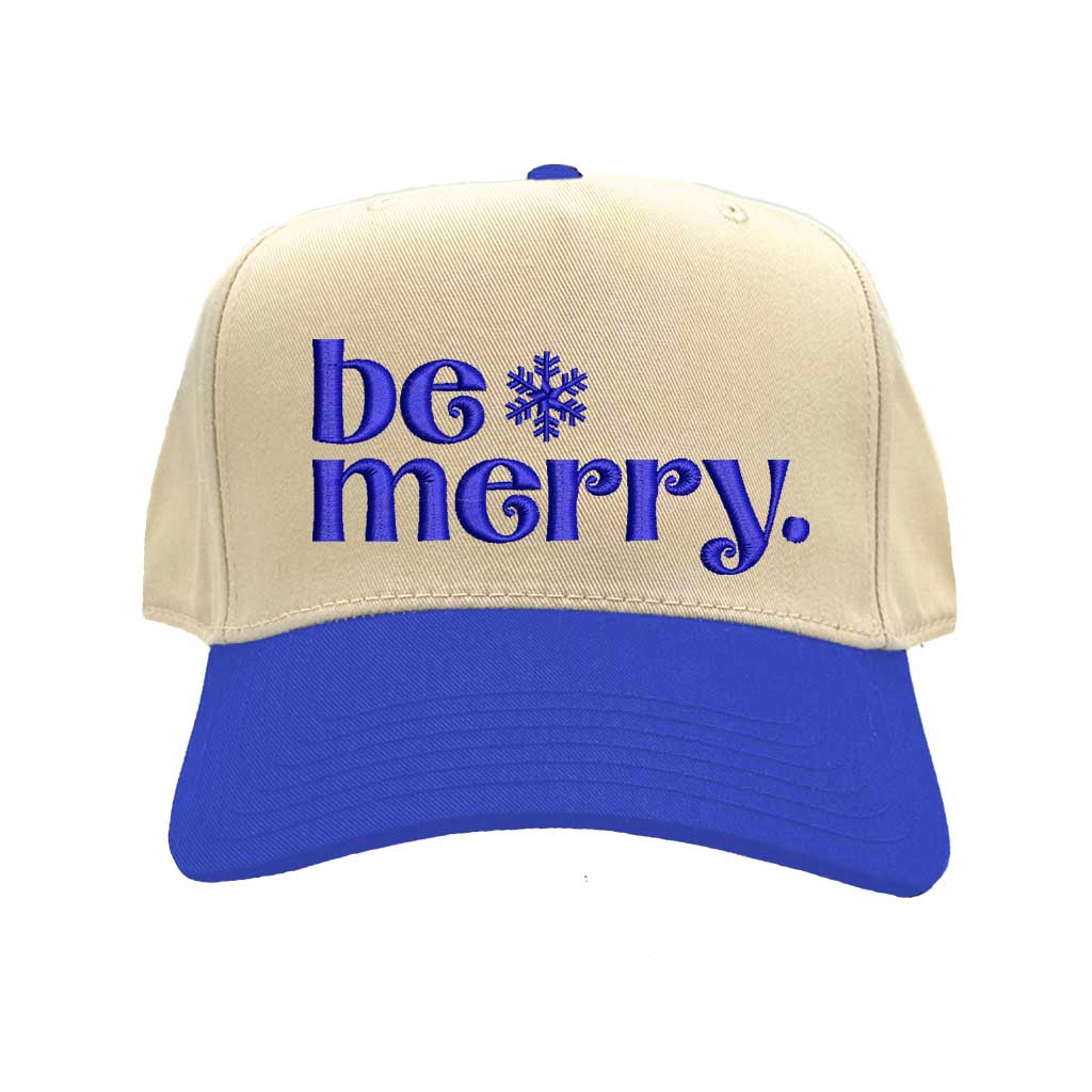 Natural Royal Blue Be Merry Christmas Two Tone 5 Panel Embroidered Baseball Hat with festive embroidery and adjustable snapback closure – DSY Lifestyle