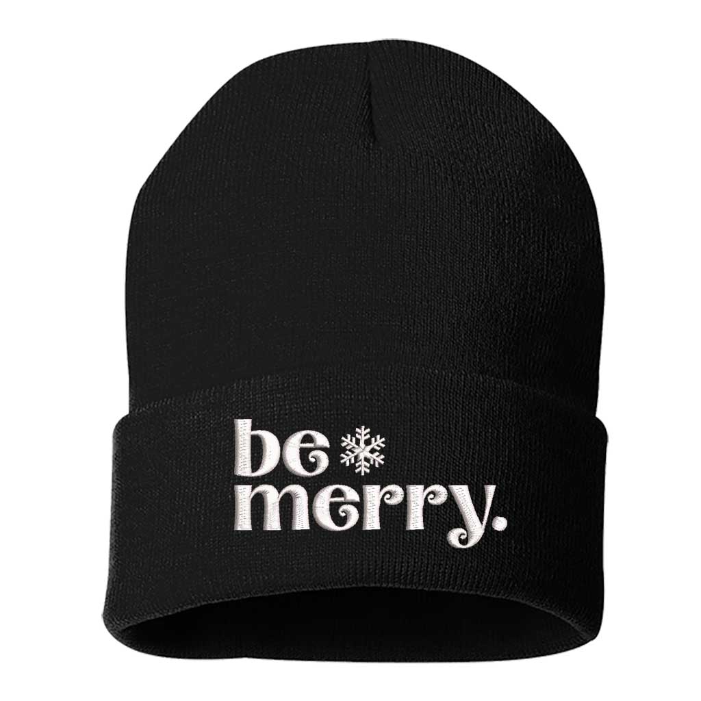 Black Be Merry Embroidered Beanie Cap featuring festive holiday embroidery and cozy knit design – DSY Lifestyle