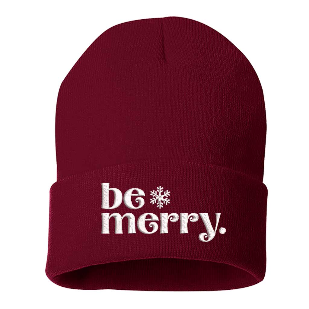 Burgundy Be Merry Embroidered Beanie Cap featuring festive holiday embroidery and cozy knit design – DSY Lifestyle