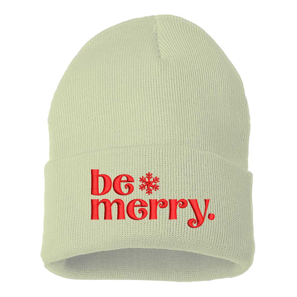 Cream with red thread Be Merry Embroidered Beanie Cap featuring festive holiday embroidery and cozy knit design – DSY Lifestyle