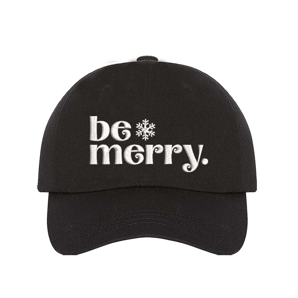 Black Be Merry Christmas Embroidered Baseball Hat featuring festive white stitching, breathable cotton fabric, and adjustable strap for a perfect holiday fit – DSY Lifestyle