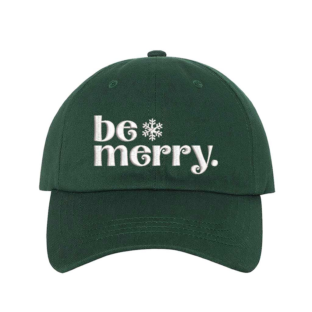 Forest Green Be Merry Christmas Embroidered Baseball Hat featuring festive white stitching, breathable cotton fabric, and adjustable strap for a perfect holiday fit – DSY Lifestyle