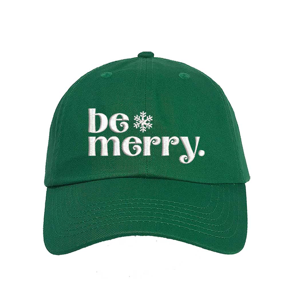 Kelly Green Be Merry Christmas Embroidered Baseball Hat featuring festive white stitching, breathable cotton fabric, and adjustable strap for a perfect holiday fit – DSY Lifestyle
